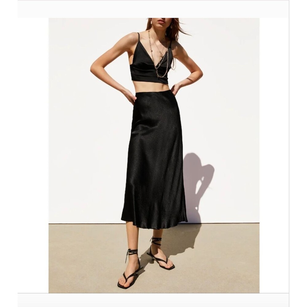 Zara Black Bias Cut Satin Midi Skirt Size L 90s Minimal Y2k Whimsigoth Party